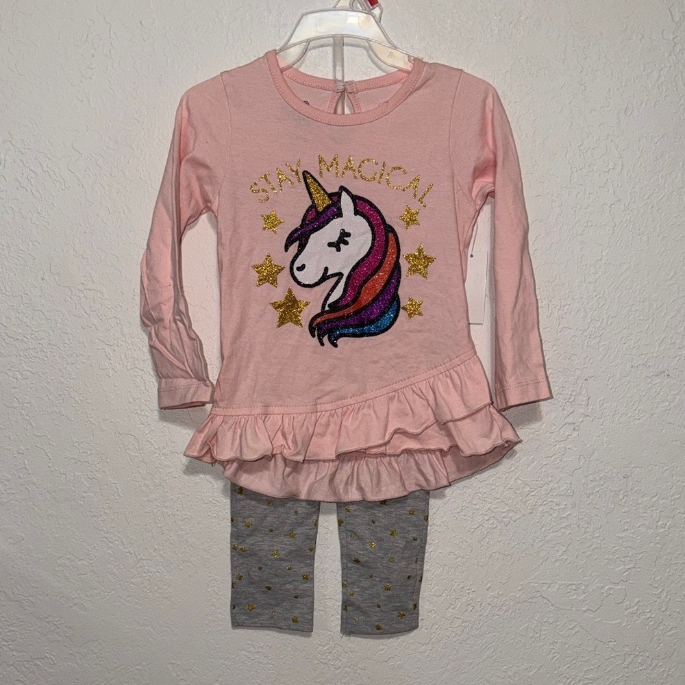 Real Love Toddler Girls Pink Unicorn Peplum Top and Star Leggings Set 2T NEW